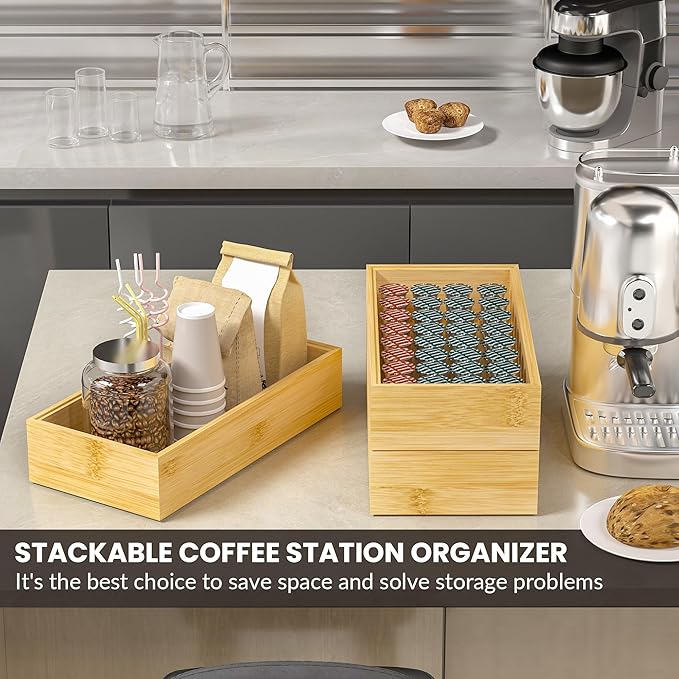 Greatseas Kitchen Drawer Organizer Bins, Stackable Bamboo Drawer Organizer for Silverware, Flatware, Coffee Pod Organizer K Cup Holder for Countertop, 2 Pcs Coffee Station Organizer 12" x 6" x 2.5"