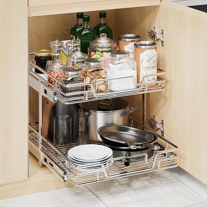 QUYUWU 2-Tier Kitchen Cabinet Pull Out Shelf and Drawer Organizer Slide Out Pantry Storaqe Basket in Multiple Sizes (19" W x 21" D)