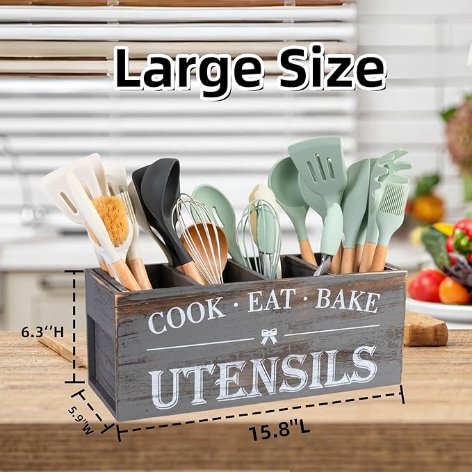LIBODOUR Utensil Holder,Extra Large Wooden Utensil Holder For Kitchen Counter,Cooking Spatula Organizer,Big Storage Caddy With 4 Compartments Flatware Spoon Tool Cutlery(Light Grey)