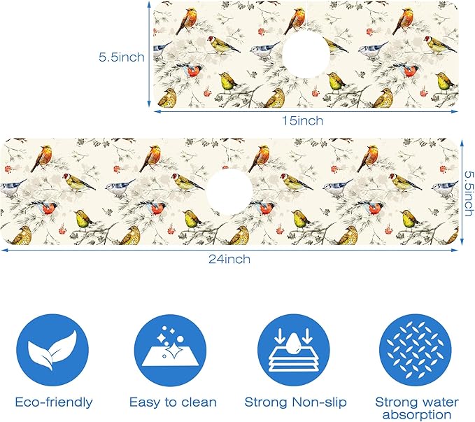 Vintage Watercolor Birds Dish Drying Mat for Kitchen Sink Splash Guard Behind Faucet Sink Mat Absorbent Fast Drying Faucet Draining Mat for Bathroom Kitchen 5.5"×15"