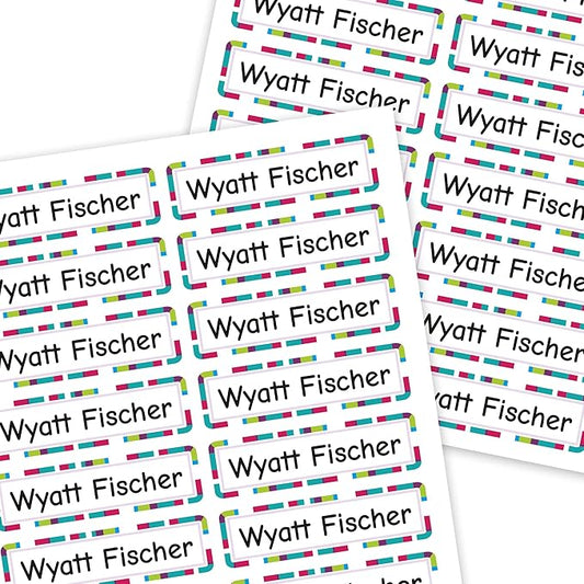 Mini Labels 1.5”x0.4” - 66-Pack Custom Name Stickers - Personalized Waterproof Name Labels for Bottles, Food Containers, School Supplies and More, Dishwasher & Microwave Safe – Pink Stripes