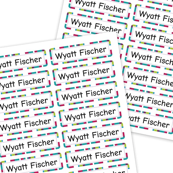 Mini Labels 1.5”x0.4” - 99 Pack Custom Name Stickers - Personalized Waterproof Name Labels for Bottles, Food Containers, School Supplies and More, Dishwasher & Microwave Safe – Pink Stripes