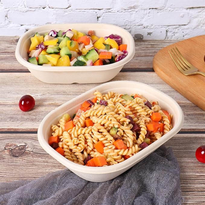 JAYEEY 20 oz Disposable salad bowls with lids, Sugarcane Fiber Paper Bowls take away Bagasse food containers meal prep deli container 50 Pack