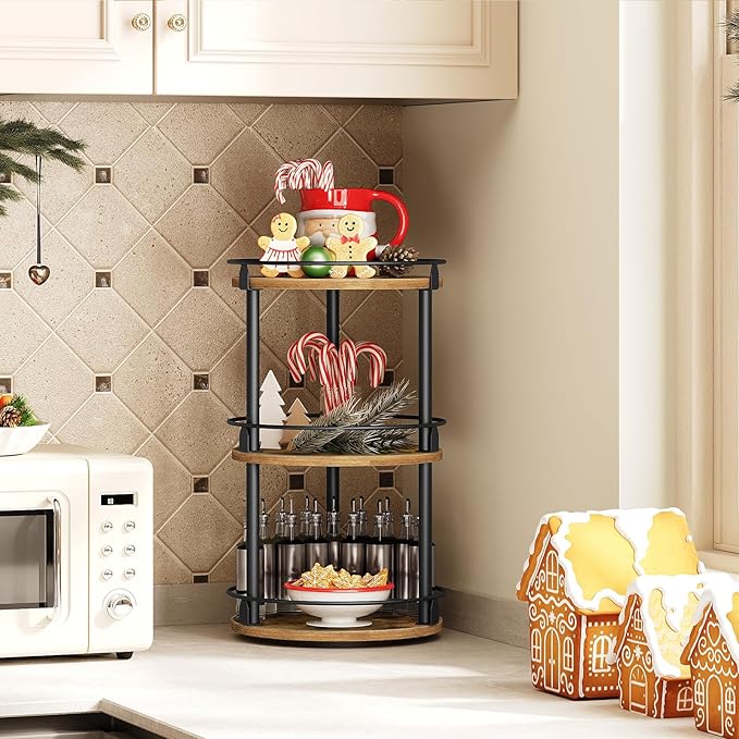 YATINEY 3-Tier Lazy Susan Organizer, Rotating Spice Rack, Spinning Organizer, Industrial Turntable Spice Rack Organizer for Cabinet, Kitchen Countertop, Pantry, Rustic Brown and Black SR23BR