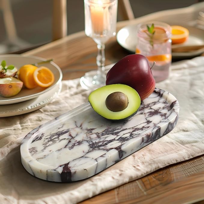 YMXYJM 100% Real Natural Marble Tray for Bathroom, Luxury Calacatta Viola Stone Vanity Tray, Decorative Oval Trays for Countertop Storage Organizer, Dresser, Kitchen, Home Decor, 11.8" x 6", Purple