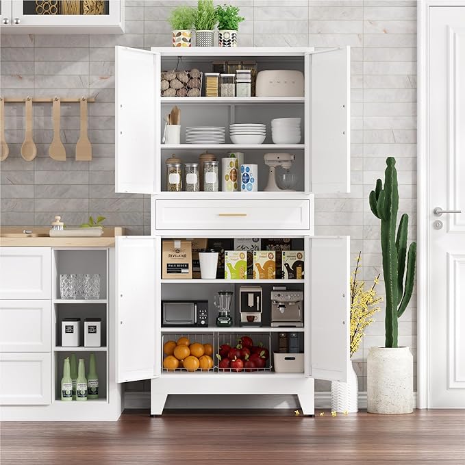 YNIQUESTLE 71" Tall Farmhouse Pantry Cabinet,Metal Cabinet with Adjustable Shelves and Drawer,Storage Cabinet for Kitchen Dining Room Garage,White