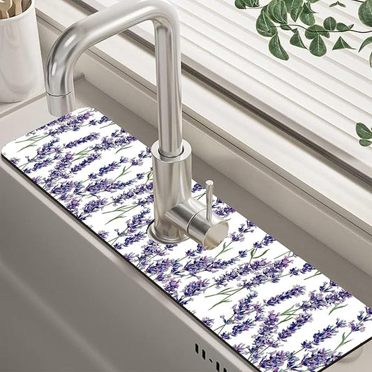 Watercolor Lavender Bunches Kitchen Sink Splash Guard Mat Absorbent Fast Drying Mat Faucet Draining Mat Sink Splash Guard Behind Faucet Drip Catcher for Kitchen Bathroom 5.5"×24"