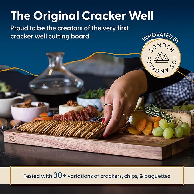 Sonder Los Angeles Motley Cutting Board | Reversible Walnut, Cherry, & Maple Edge Grain Cutting Board for Kitchen with Crackerwell for Charcuterie | Gift Box Included | 17x13x1.1 in