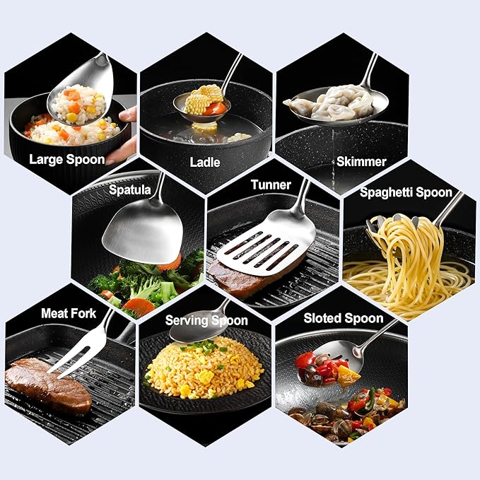 NIITAWH 18/10 Stainless Steel Kitchen Utensils, 9 PCS Metal Cooking Utensils Set 15", Solid and Slotted Spoon, Fork, Spatula, Ladle, Skimmer, Slotted Spatula Tunner, Spaghetti Large Spoon