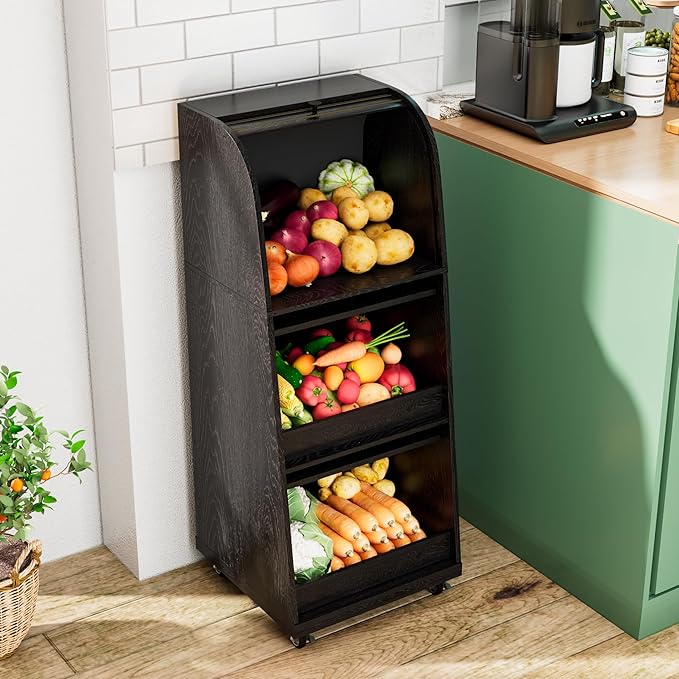 Movable Onion and Potato Storage Bin Box, Black Potato Bins with Wheels and Sliding Door, Farmhouse Fruit and Vegetable Basket Storage, Small Food Kitchen Pantry Cabinet, Wooden Bread Box, Flip-top