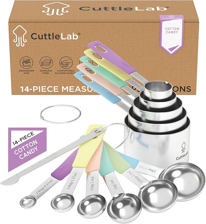 CuttleLab Measuring Cups and Measuring Spoons Set of 14 - Stainless Steel Measuring Cups and Spoons Set, Includes 1/8 Teaspoon Measuring Spoon, 1/8 Cup Measuring Cup, Leveler Dry (14,Cotton Candy)