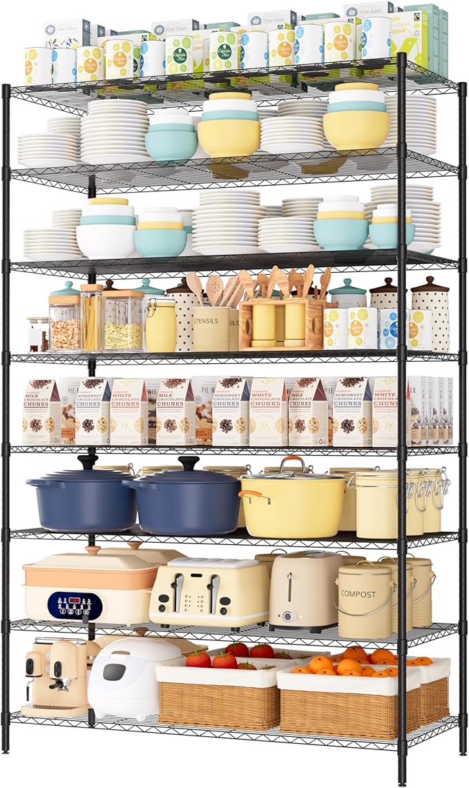 Finnhomy 4000LBS 8-Tier Wire Shelving Unit Adjustable Steel Wire Rack, 24x48x80.2 Inches 8 Shelves Metal Rack, Pantry Shelves for Storage, Metal Garage Shelving with 1" Pole, NSF Certified, Black