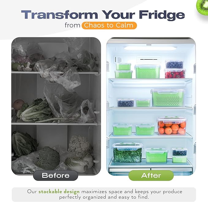 Fruit Storage Smiley Containers for Fridge - Keep Fresh with BPA-Free Lids - Ideal Vegetable & Berry Organizer - 4 Pack Dishwasher Safe Produce Saver - Stackable Containers with Drain Tray