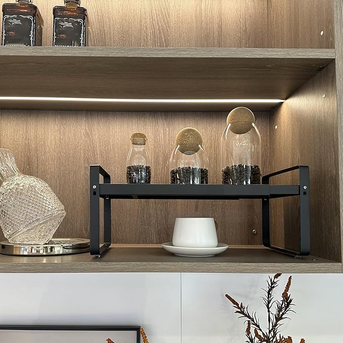BAUCCA Set of 2 Black Kitchen Countertop Shelves, Expandable Cabinet Shelf Organizers, Stackable Metal Pantry Storage Shelves for Spice Rack, Cupboard