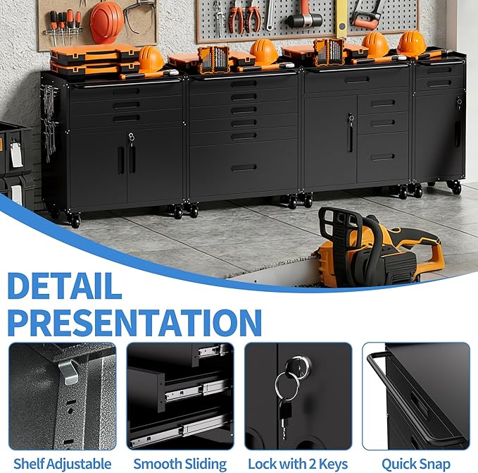 BIZOEIRON Metal Garage Storage Cabinet with Wheels, Rolling Tool Cabinet with 3 Drawers and 2 Doors, Heavy Duty Tool Cabinet with Workbench, Assembly Required, Black