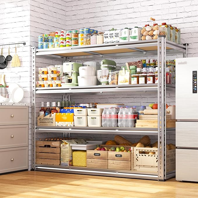 Galvanized Garage Shelving Load 2100LBS, 4-Tier Storage Shelves, Adjustable Garage Storage Shelves, Industrial Shelving, Metal Shelf for Basement, Warehouse, Kitchen, 48" W x 60" H x 17.9" D