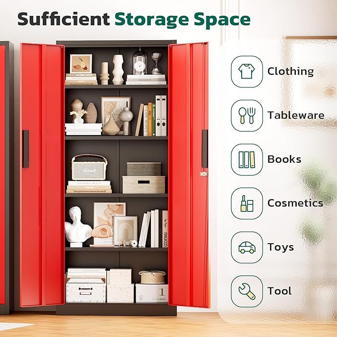 Greenvelly Metal Cabinet, 63”Tall Kitchen Pantry Storage Cabinets with 2 Lock Doors and 4 Adjustable Shelves,Black Red Kitchen Cabinet Storage for Dinning Room,Garage,Office