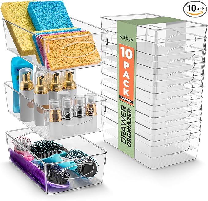 Sorbus Medium Clear Plastic Storage Bins for Organizing, 10 Pack Clear Organizer Bins with Handles Plastic Storage Bins for Closet, Pantry, Fridge, Medicine Cabinet Organizer, Shelves, Freezer, Drawer