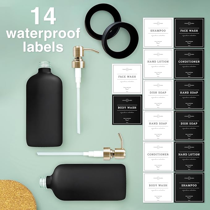 Vine Creations Black Glass Soap Dispenser, 2 Pack Kitchen Soap Dispenser Set with Stainless Steel Pump, 16 oz Dish Soap and Hand Soap Dispensers for Bathroom with Waterproof Labels
