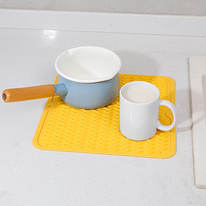Silicone Dish Drying Mat for Multiple Usage,Easy clean,Eco-friendly,Heat-resistant Silicone Mat for Kitchen Counter or Sink,Refrigerator or Drawer liner Yellow M 12 inches x 12 inches