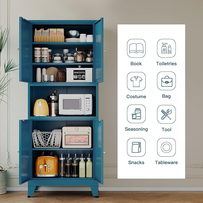 YAUWOH Metal Pantry Storage Cabinet, 69" Tall Storoge Cabinet with 4 Doors & 3 Adjustable Shelves, Microwave Stand with Storage for Kitchen, Dining Room, Living Room (1PC,Blue)