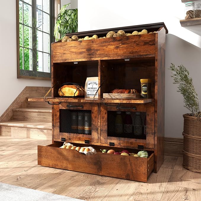 Verano Garden Large Potato Storage Bin, Wooden Bread Box with Lid, Potato and Onion Storage Bin with 4 Mesh Doors & Removable Drawer, Kitchen Fruit and Vegetable Storage Cabinet(Rustic Brown, 31.5")