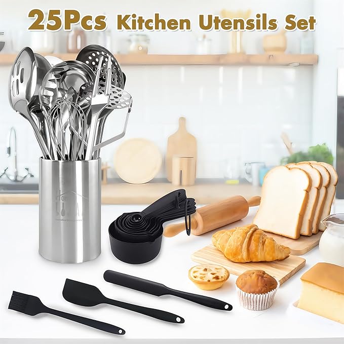Stainless Steel Cooking Utensils Set, 25pcs Kitchen Utensils Set with Holder, Heat Resistant Kitchen Utensils Sets for Cooking with Turners, Potato Masher, Skimmer, Spoons, Tongs, Whisk
