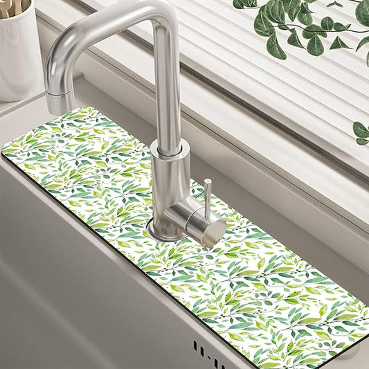 Tropical Eucalyptus Leaves Kitchen Sink Splash Guard Mat Absorbent Fast Drying Mat Faucet Draining Mat Sink Splash Guard Behind Faucet Drip Catcher for Kitchen Bathroom 5.5"×24"