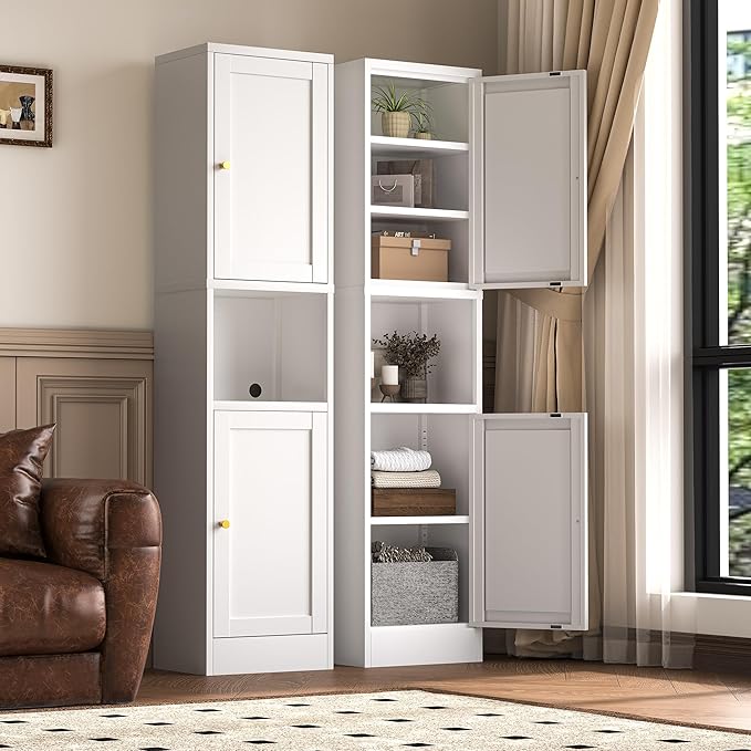 YAUWOH 2-Door Metal Storage Cabinet, Tall Slim Pantry Organizer with 3 Adjustable Shelves (120LBS/Shelf), Anti-Tipping Waterproof Cabinet for Bathroom/Kitchen/Home Office/Small Spaces, (1PC,White)