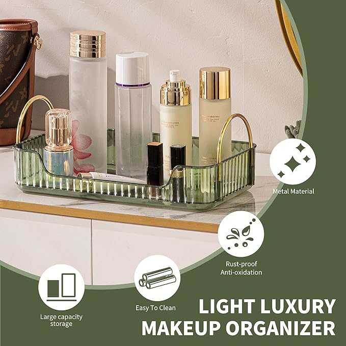 CESTATIVO Bathroom Counter Organizer, Green, 11.8" L X 6.7" W X 4.5" H, Stainless Steel, PET, Modern Metal Handles, Smooth Edges, Large Capacity, Minimalist Design, Ideal Gift