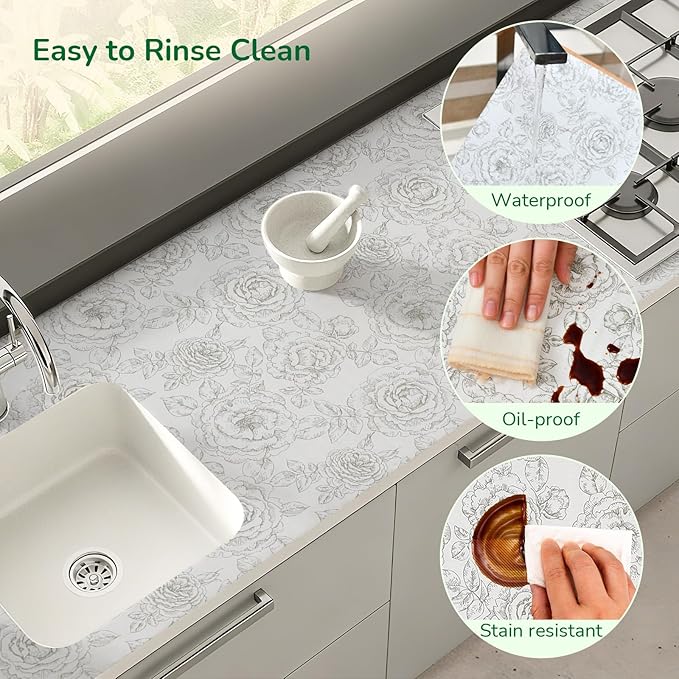 Floral Drawer and Shelf Liner for Kitchen, Non-Slip Non-Adhesive Cabinet Liners for Cupboard, Dresser, Shelves, Tool Box, Pantry, Thickened Easy Install, Strong Grip, 11.8In x 20FT, Rose