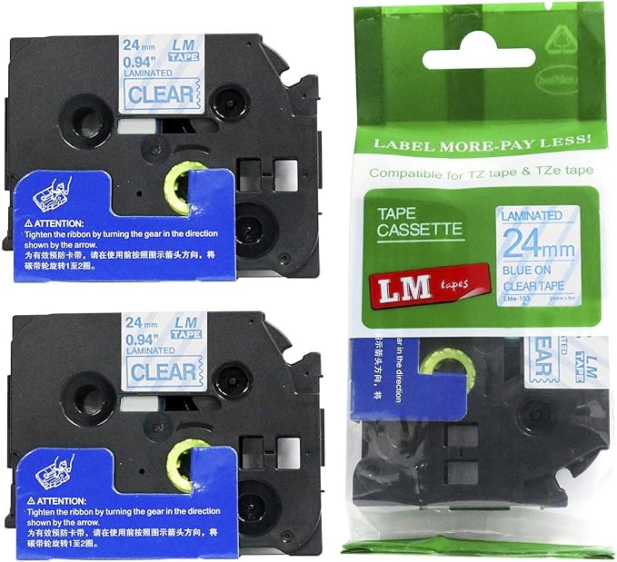 2/Pack LM Tapes - LMe153 Premium 1" Blue Print on Clear Label Compatible with Brother TZe-153 P-Touch and Includes Tape Color/Size Guide. Replaces TZe153 24mm 0.94 Laminated
