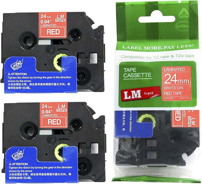 2/Pack LM Tapes - LMe455 Premium 1" White Print on Red Label Compatible with Brother TZe-455 P-Touch and Includes Tape Color/Size Guide. Replaces TZe455 24mm 0.94 Laminated