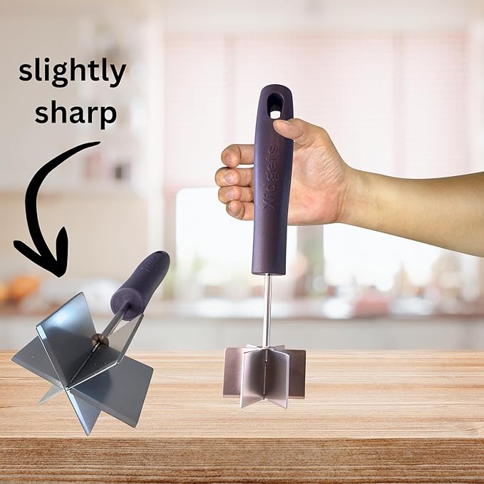 Large Stainless Steel Meat Masher, Ground Beef Chopper with Heavy Duty Handle & Mashing Head for Ground Beef, Turkey, and More – Dishwasher Safe (Midnight Plum 10")