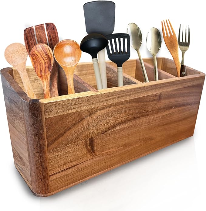 Dstuff Large Kitchen Utensil Holder Organizer for Counter or Countertop, Wooden Storage Container for Cooking and Silverware, Acacia Rustic Wood (4 Compartments)