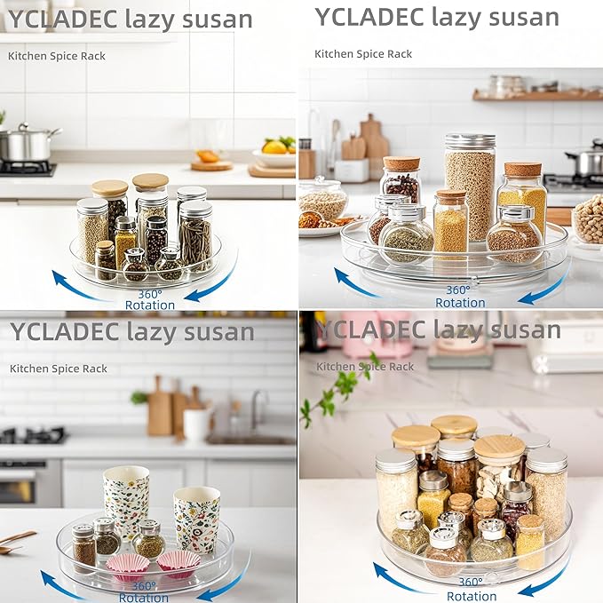 YCLADEC 4 Pack Lazy Susan 9.2" Inch Turntable Organizer Pantry Organization and Storage Container Bins Spice Rack Cabinet Rotating Condiment for Pantry Kitchen Vanity Bathroom Jewelry Holder Clear