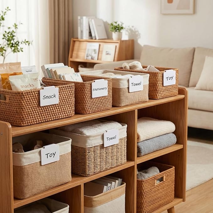 Chinco 80 Pcs Basket Label Clips Set Include 76 Removable Kitchen Clip Label Holder PVC Storage Bin with 4 Chalk Markers for Basket Kitchen Pantry Organization (White Black Clip, White Black Pen)