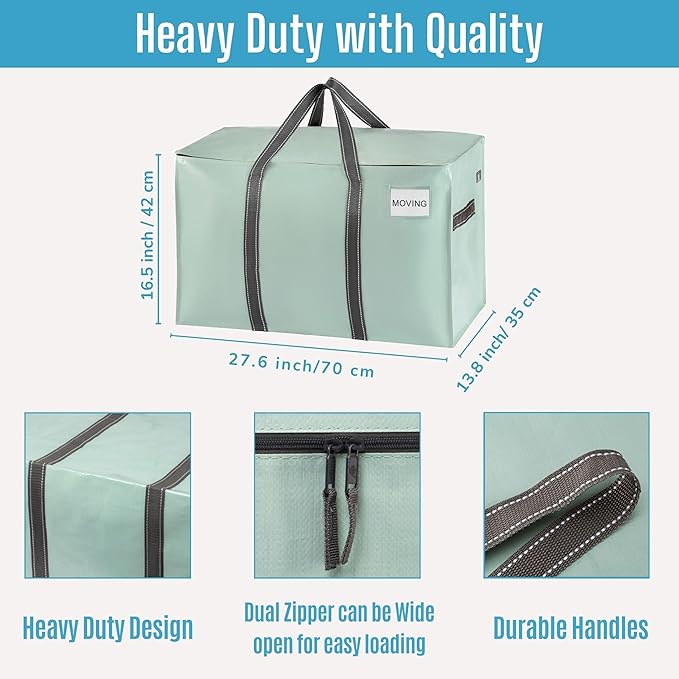 VENO 10 Pack Moving Bags and Large Christmas Storage Bins with lids. Alternative to Moving Boxes, Packing Supplies for College. Extra Large Heavy Duty Totes for Packaging (Shiny Light Green, 10 Pack)