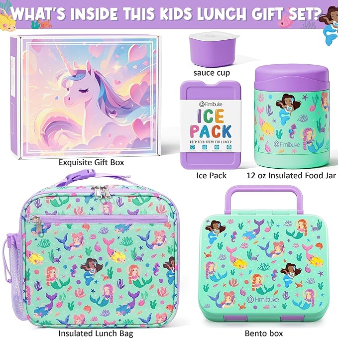 Fimibuke Bento Lunch Box for Kids with Food Jar, 32OZ Snack Lunch Container with 3 Compartments, Insulated Lunch Bag, 12OZ Leakproof Food Jar, Ice Pack Set for Age 3-12 Toddler Teen Girls Boys Daycare
