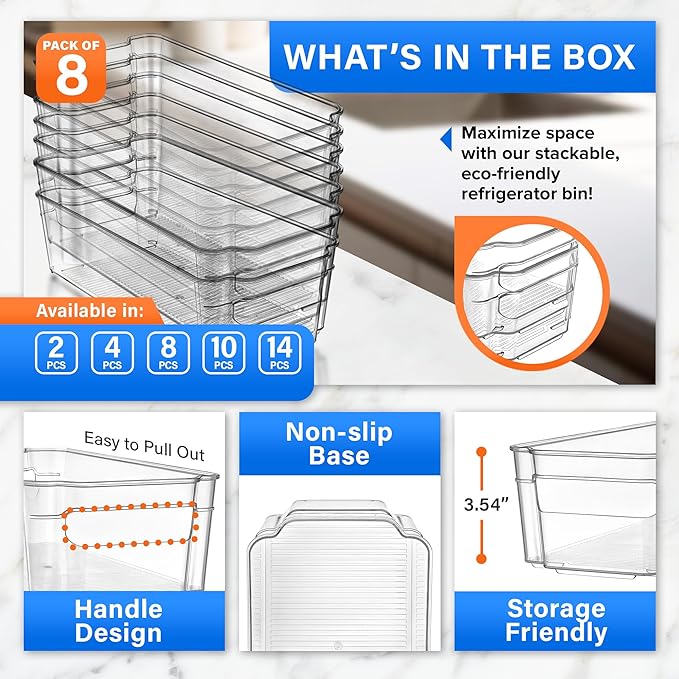 8-Piece Stackable Refrigerator Bin Organizer Set with Easy Grip Handles - Clear Multi-Purpose Storage Bins for Fridge and Pantry Use