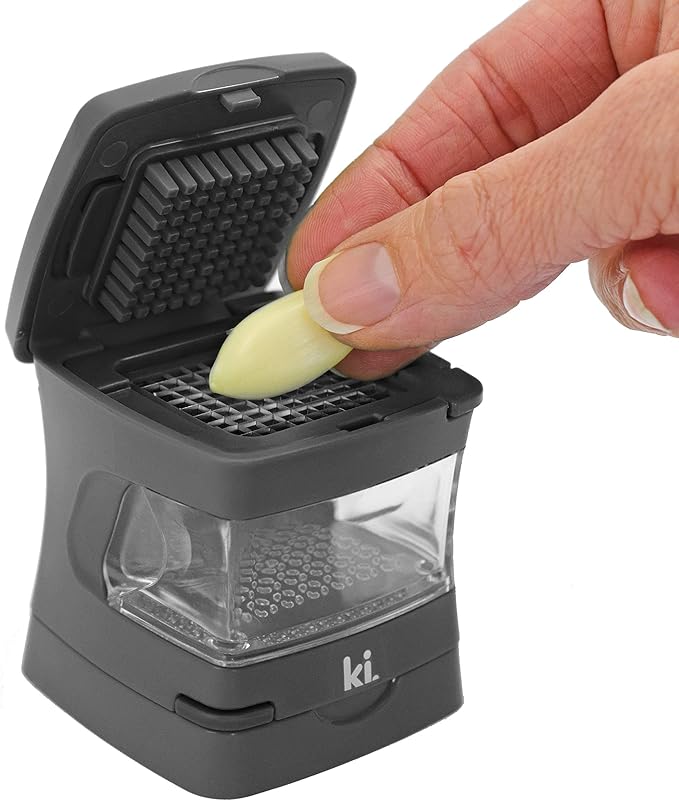 Kitchen Innovations Garlic-A-Peel Garlic Press, Crusher, Cutter, Mincer, and Storage Container - Includes Silicone Garlic Peeler - Easy to Clean - Stainless Steel Blades – (Grey), standard