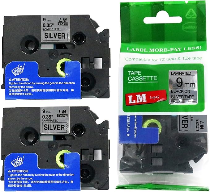 2/Pack LM Tapes - LMe921 Premium 3/8" Black Print on Silver Label Compatible with P-Touch TZe921 Tape and Includes Tape Color/Size Guide. Replaces Ptouch TZ921 9mm 0.35 Laminated.