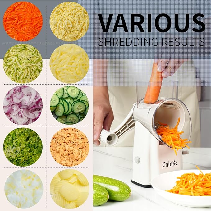 ChinKc Upgrade Rotary Cheese Grater Shredder with Handle, Strong Suction Base, Multi-purpose Rotary Grater Slicer with 5 Interchangeable Blades for Ice, Vegetables, Fruit, Nuts with Blade Storage Box