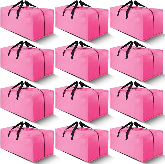 Cosy Family 12 Pack Heavy Duty Extra Large Moving Bags with Backpack Straps - Strong Handles & Zippers, Storage Totes For Space Saving, Fold Flat, Alternative to Moving Box, Pink