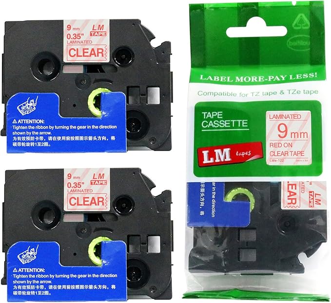 2/Pack LM Tapes - LMe122 Premium 3/8" Red Print on Clear Label Compatible with P-Touch TZe122 Tape and Includes Tape Color/Size Guide. Replaces Ptouch TZ122 9mm 0.35 Laminated.