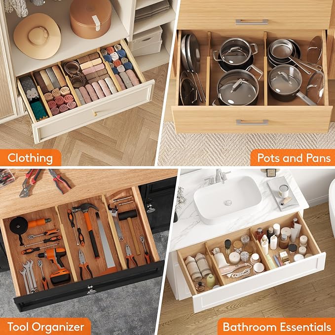 Lifewit 8 Pack 6" Deep Bamboo Drawer Dividers, 13-16.5" Expandable Drawer Organisers for Clothes, Adjustable Dresser Drawer Divider, Clothing Drawers Separators for Dresser, Bedroom, Bathroom, Office