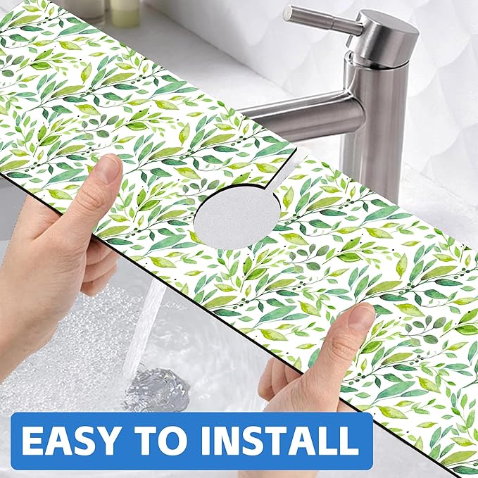 Tropical Eucalyptus Leaves Kitchen Sink Splash Guard Mat Absorbent Fast Drying Mat Faucet Draining Mat Sink Splash Guard Behind Faucet Drip Catcher for Kitchen Bathroom 5.5"×24"