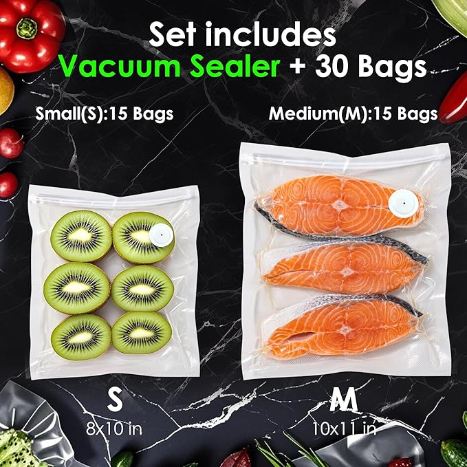 Elxis Vacuum Sealer, Portable handheld Vacuum Sealer + 30 Reusable Vacuum Bags, Portable Food Sealer, With LED pressure display, 2-Speed Pressure Control (60/80 Kpa)