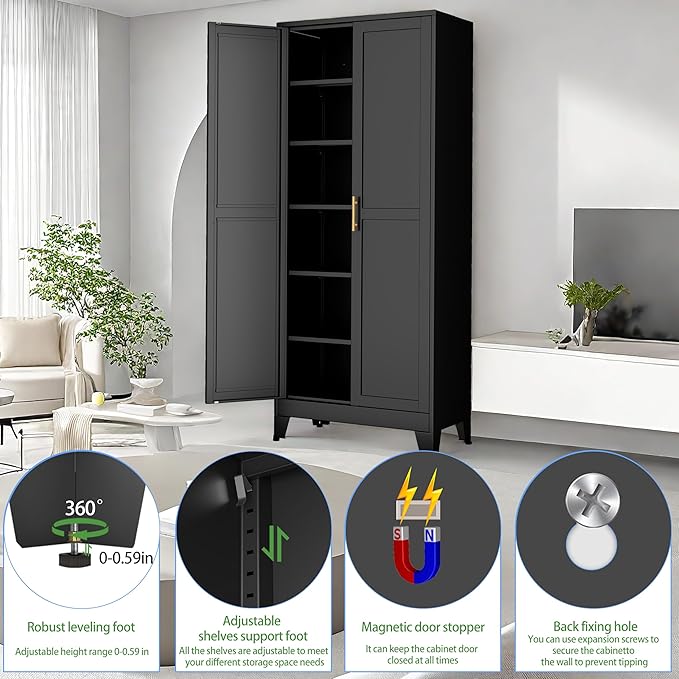 erosoei 75.2”H Metal Kitchen Pantry Storage Cabinet, Storage Cabinets with Adjustable Feet and Shelves,Food Pantries Cupboard for Kitchen, Living Room, Laundry Room and Dinning Room（Black）