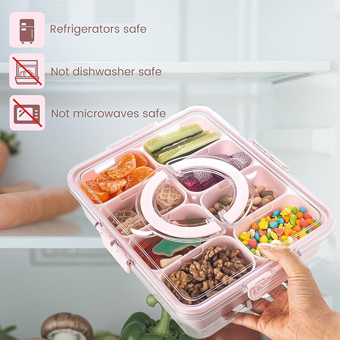 Divided Serving Tray with Lid and Handle - Snackle Box Charcuterie Container for Portable Snack Platters Organizer for Candy, Fruits, Nuts, Snacks - Perfect for Party, Entertaining, Green